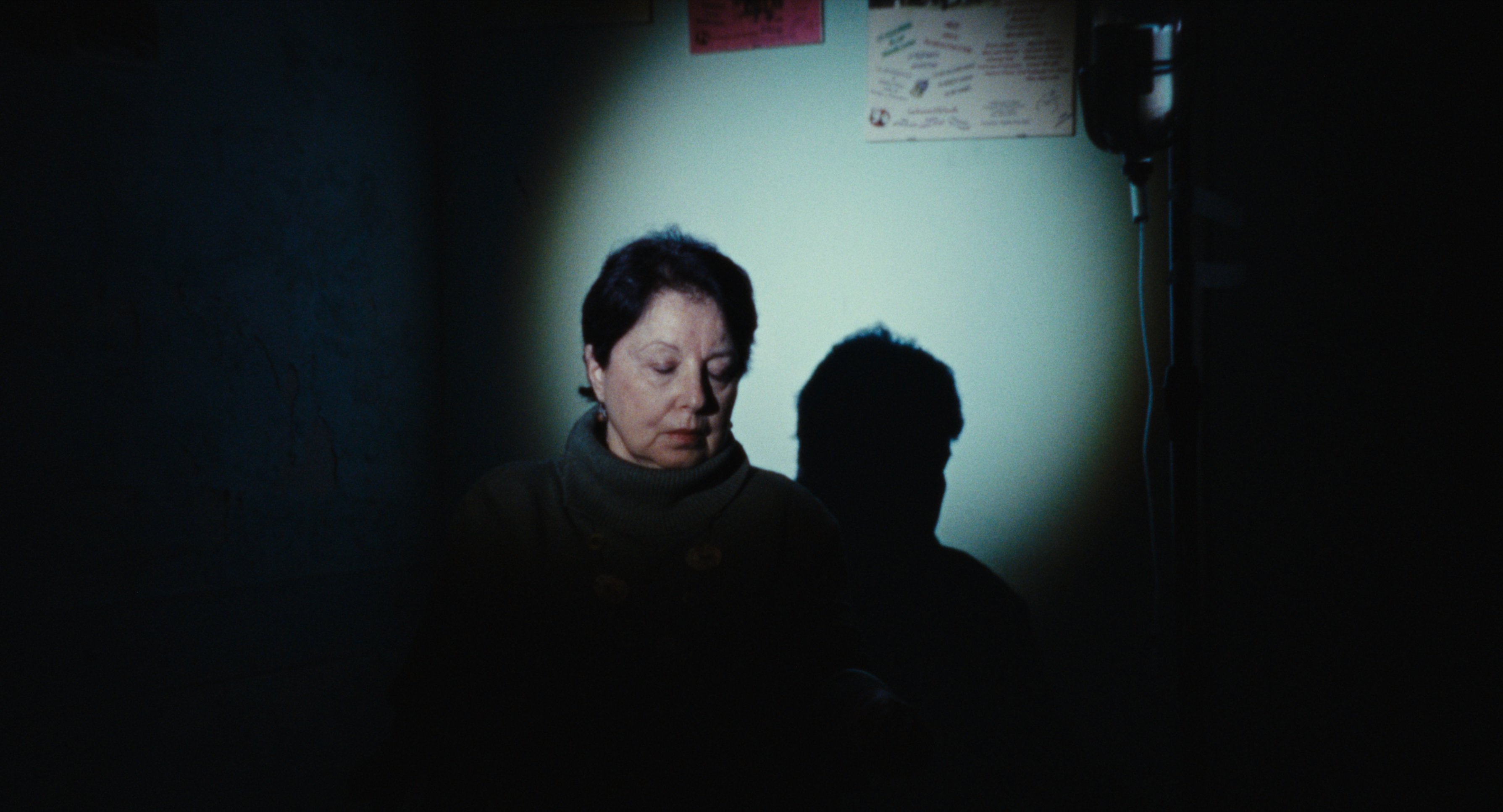 A portrait lit by a spotlight against a blue wall