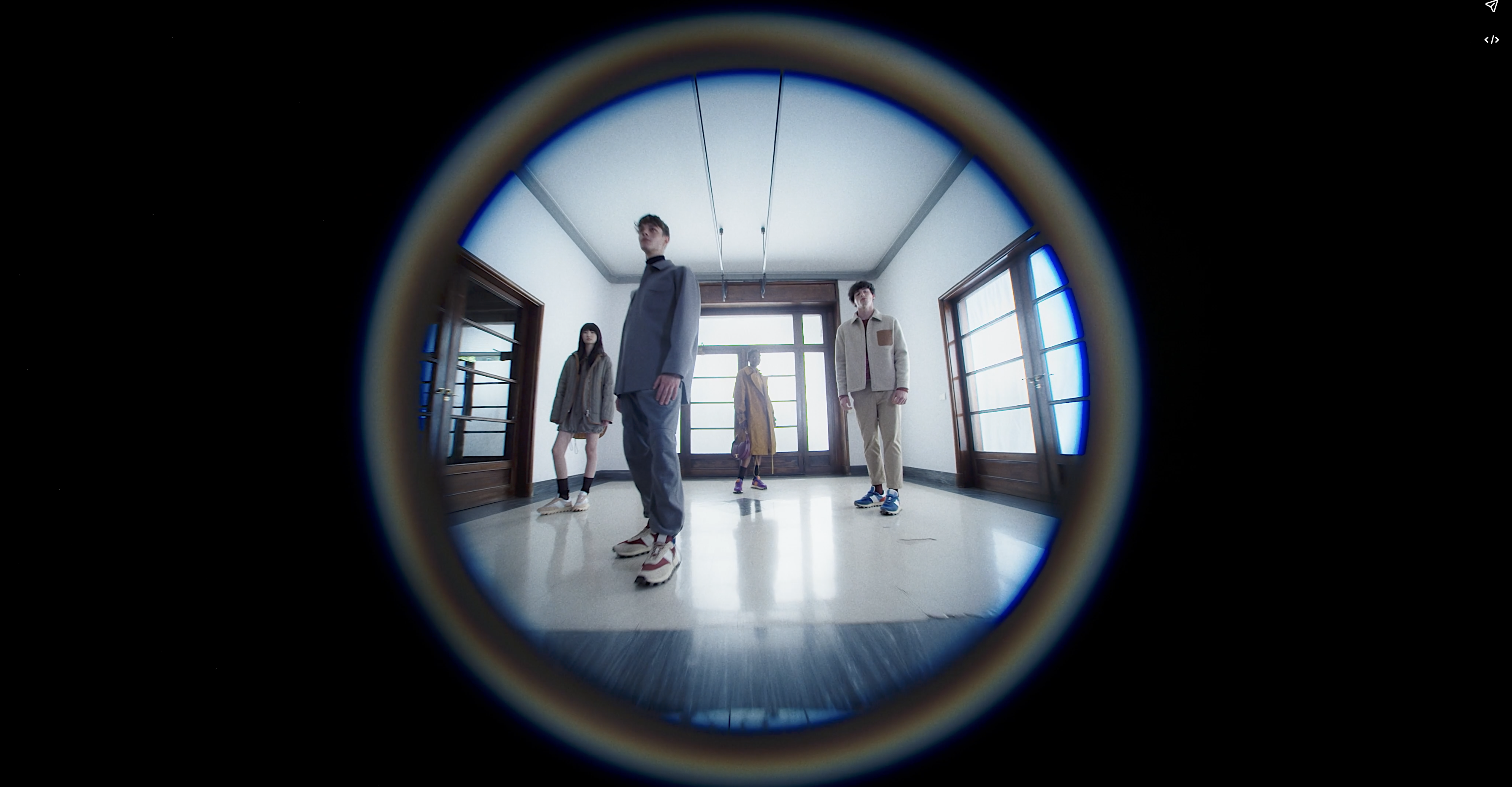Four people wearing sneakers in a bright hall seen through a circular lens